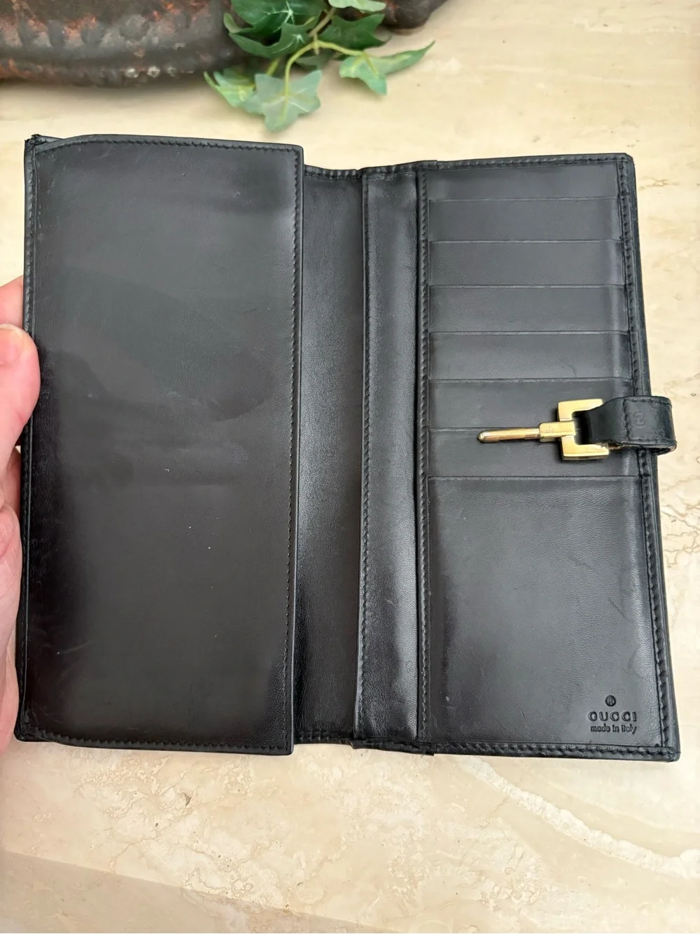 Gucci Jackie 1961 Monogram Black Leather Wallet with Gold Hardware
